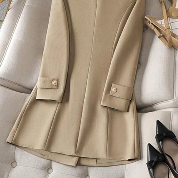 Khaki Elegant Women's Casual Cinched Waist Sleeve Detail Long Sleeve Blazer - Picture 6 of 6
